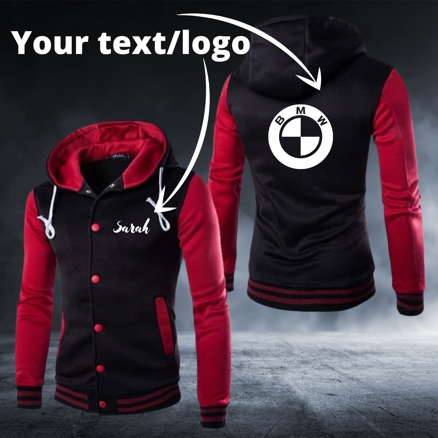 Personalized Custom Text/Logo Dark Red Long Sleeve Baseball Hoodie - Top Content | POD Collection | Free Shipping