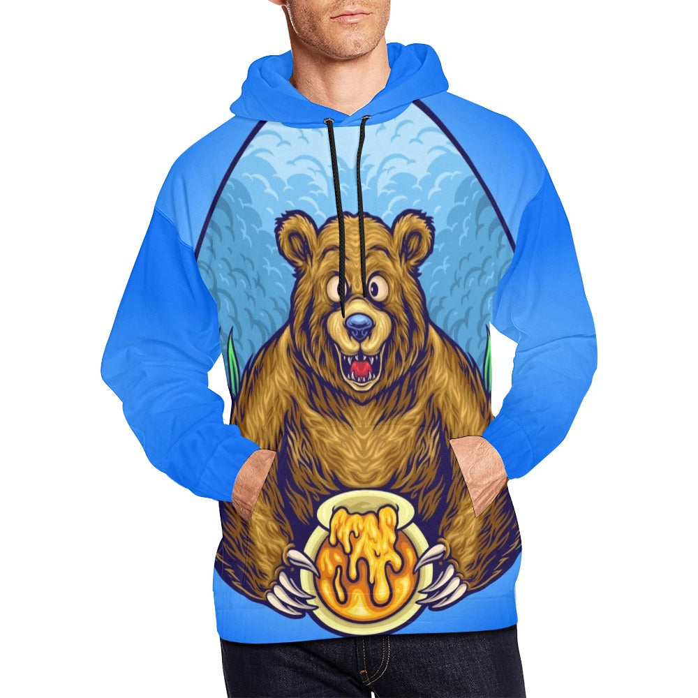 Grizzly Bear With Honey Bee Cartoon All Over Print Hoodie