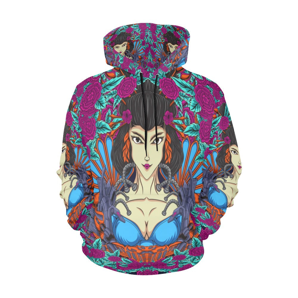 Japanese Geisha Woman Illustration With Flowers All Over Print Hoodie