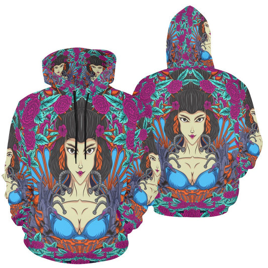 Japanese Geisha Woman Illustration With Flowers All Over Print Hoodie