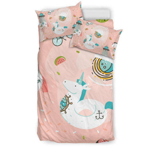 Hand Drawn Unicorn Cosmonaut Spaceship, Pink Space Bedding Set - Top Content | POD Collection | Free Shipping