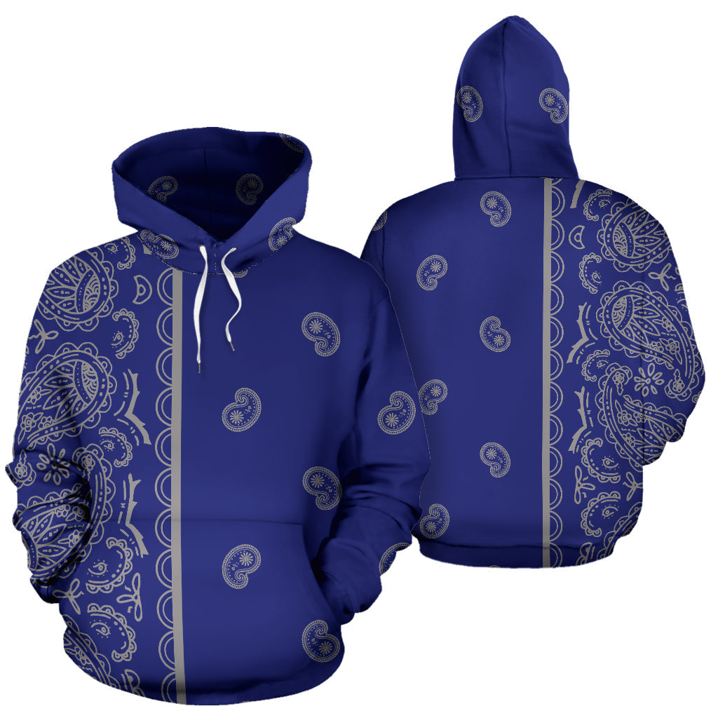 Asymmetrical Blue and Gray Bandana Pullover Hoodie